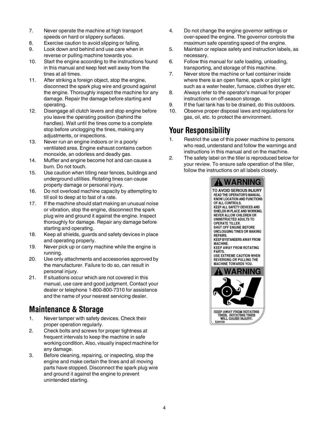 MTD 454 manual Maintenance & Storage, Your Responsibility 