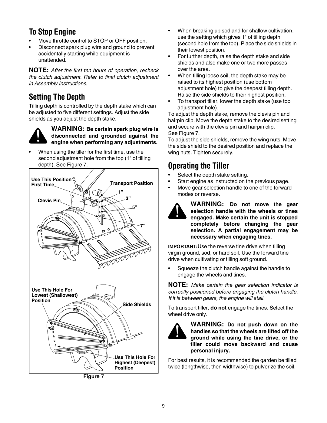 MTD 454 manual To Stop Engine, Setting The Depth, Operating the Tiller 