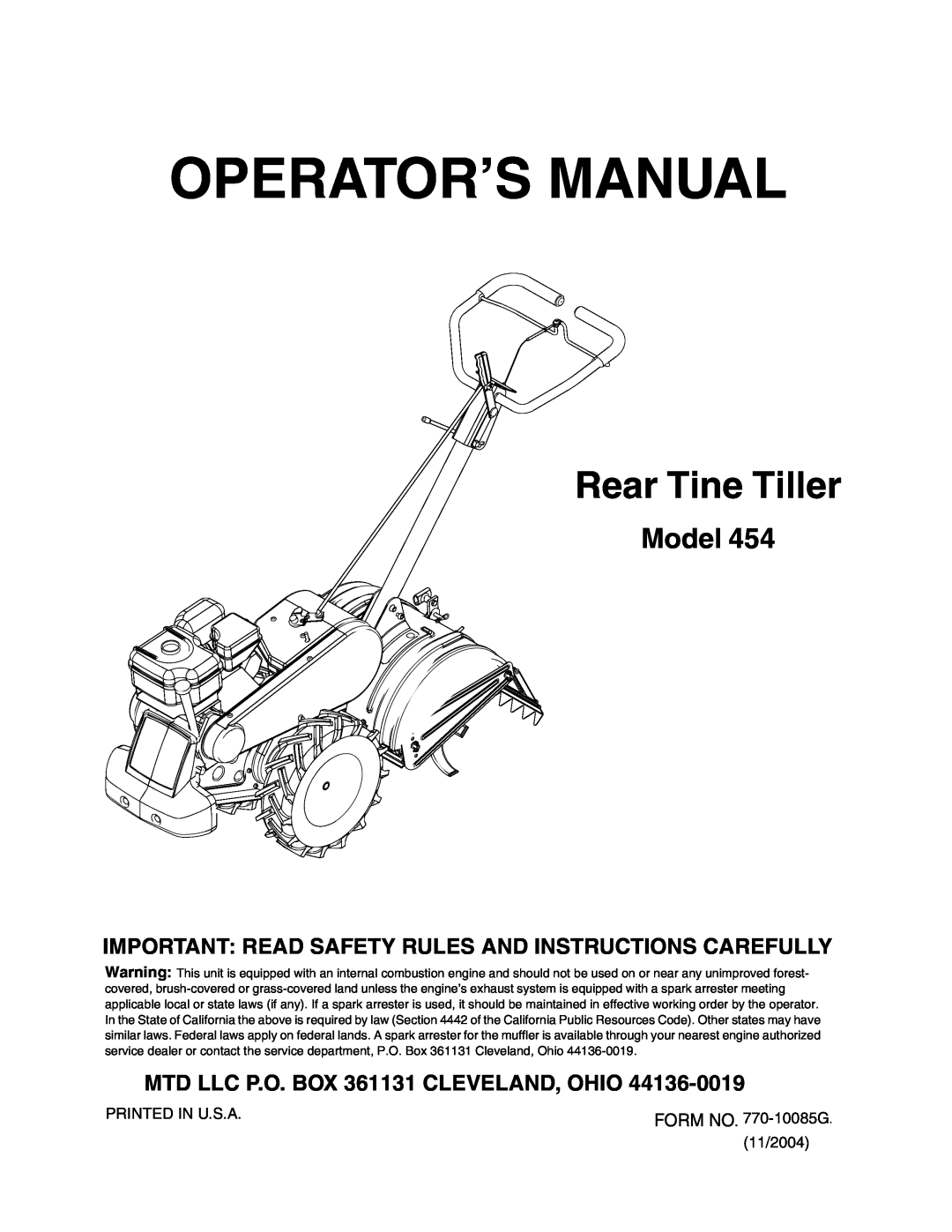 MTD 454 manual Operator’S Manual, Rear Tine Tiller, Model, Important Read Safety Rules And Instructions Carefully 
