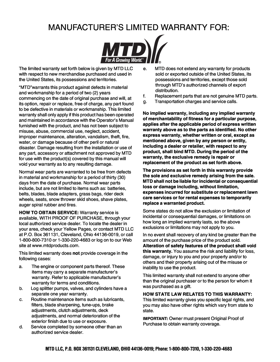 MTD 454 manual Manufacturer’S Limited Warranty For 
