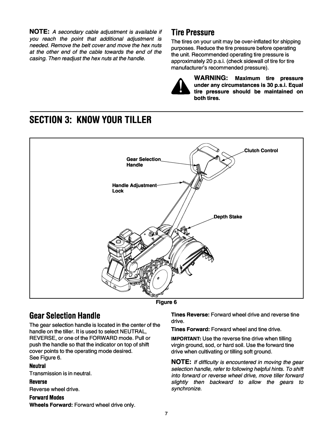 MTD 454 manual Know Your Tiller, Tire Pressure, Gear Selection Handle, Neutral, Reverse, Forward Modes 