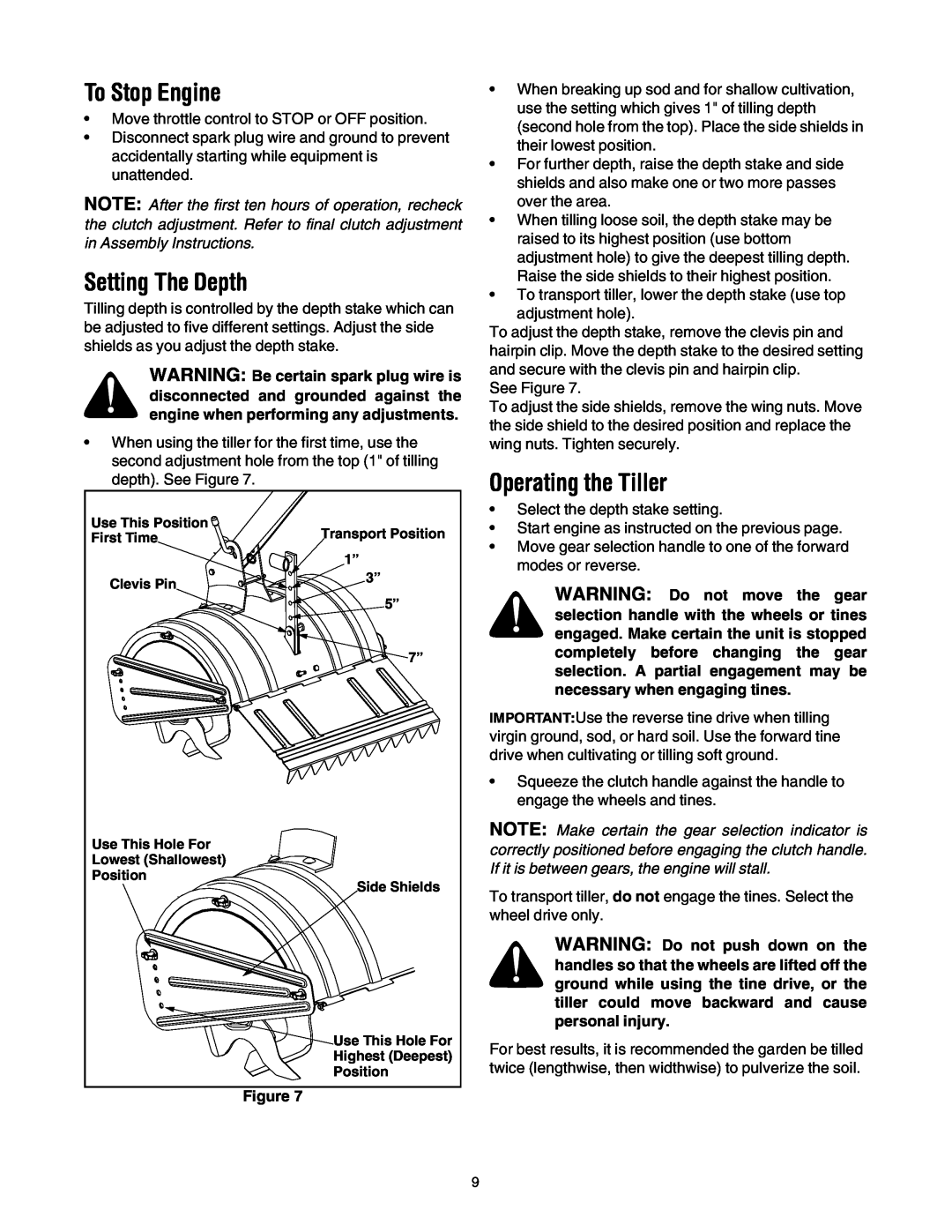 MTD 454 manual To Stop Engine, Setting The Depth, Operating the Tiller 