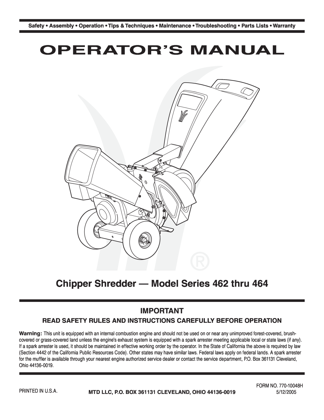MTD 462 thru 464 warranty Operator’S Manual, Chipper Shredder - Model Series 462 thru 
