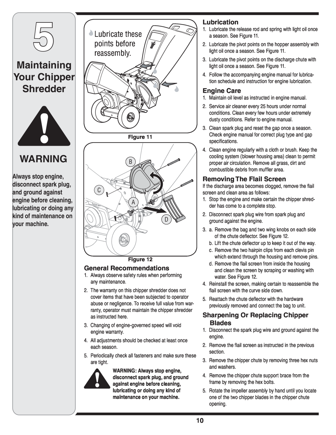 MTD 462 thru 464 warranty Maintaining Your Chipper Shredder, General Recommendations, Lubrication, Engine Care 
