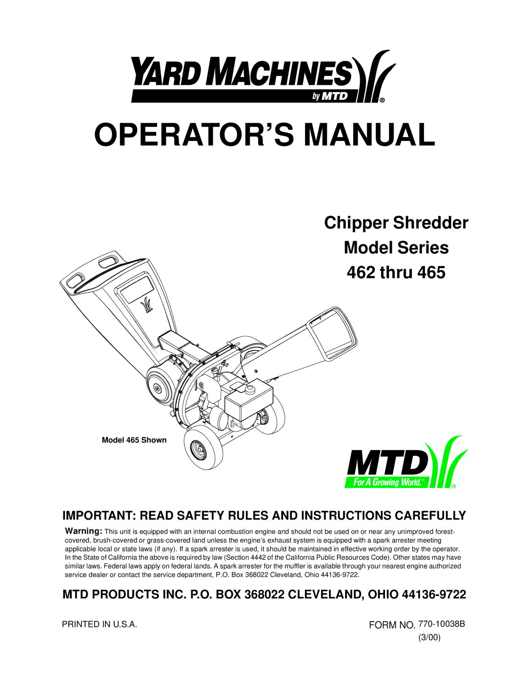 MTD 462 thru 465 manual OPERATOR’S Manual 