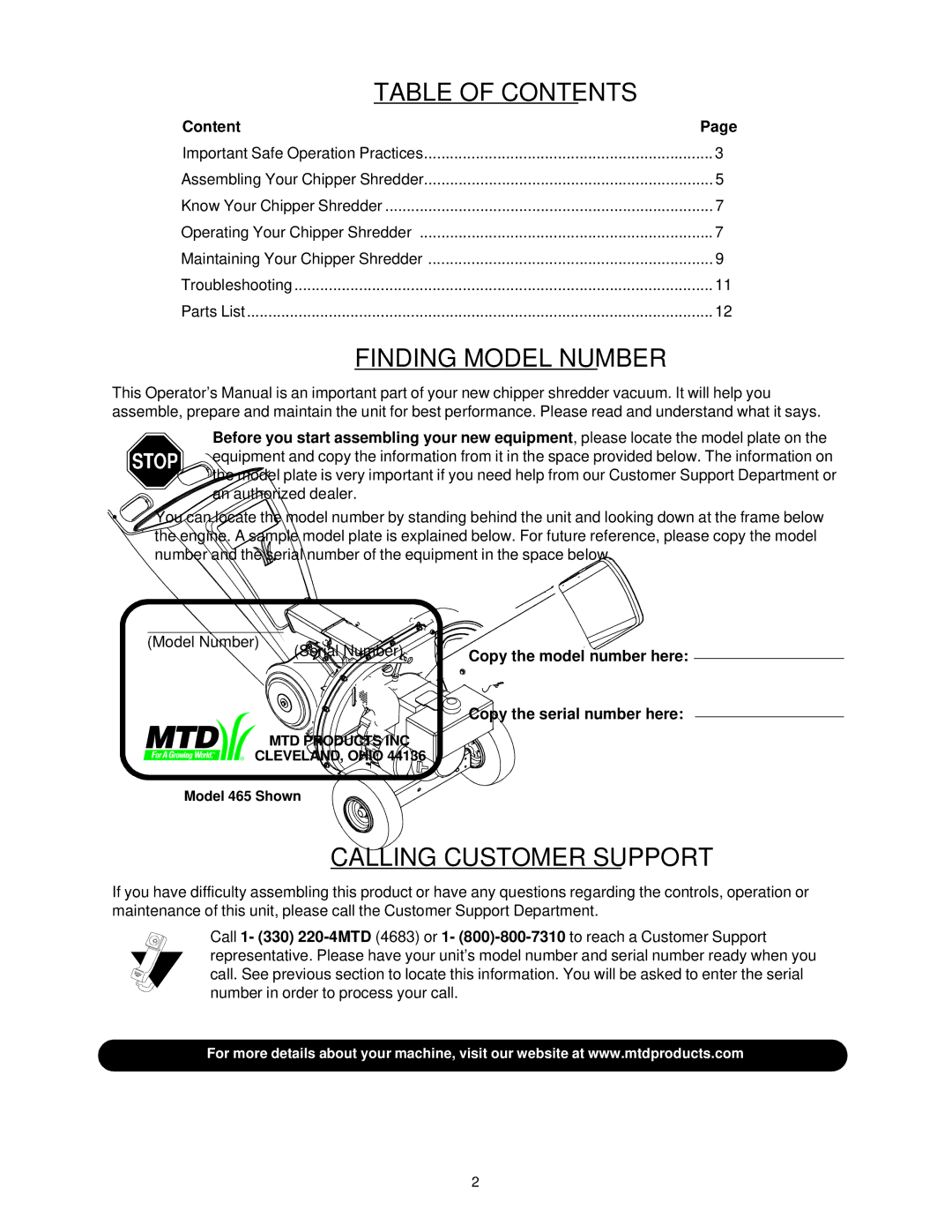 MTD 462 thru 465 manual Table of Contents 