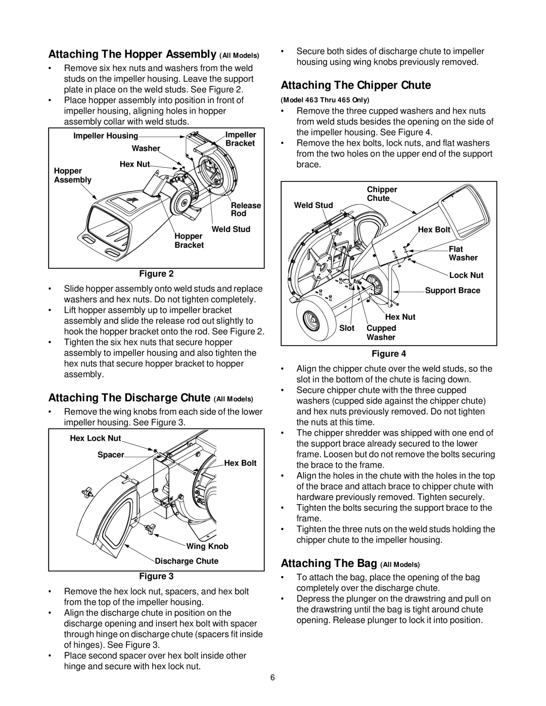 MTD 462 thru 465 manual Attaching The Chipper Chute, Attaching The Bag All Models 