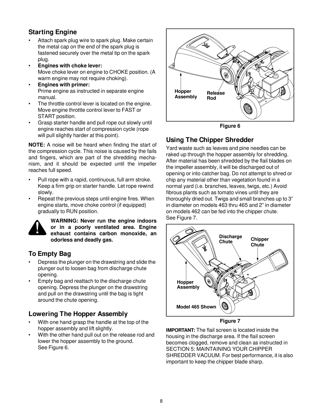 MTD 462 thru 465 manual Starting Engine, To Empty Bag, Lowering The Hopper Assembly, Using The Chipper Shredder 