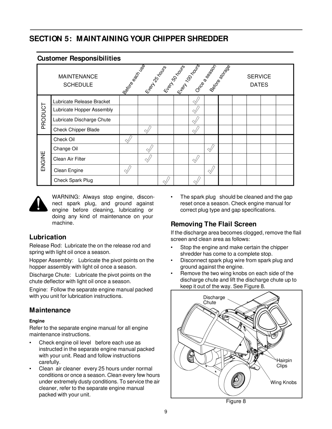 MTD 462 thru 465 manual Maintaining Your Chipper Shredder, Customer Responsibilities, Lubrication, Maintenance 