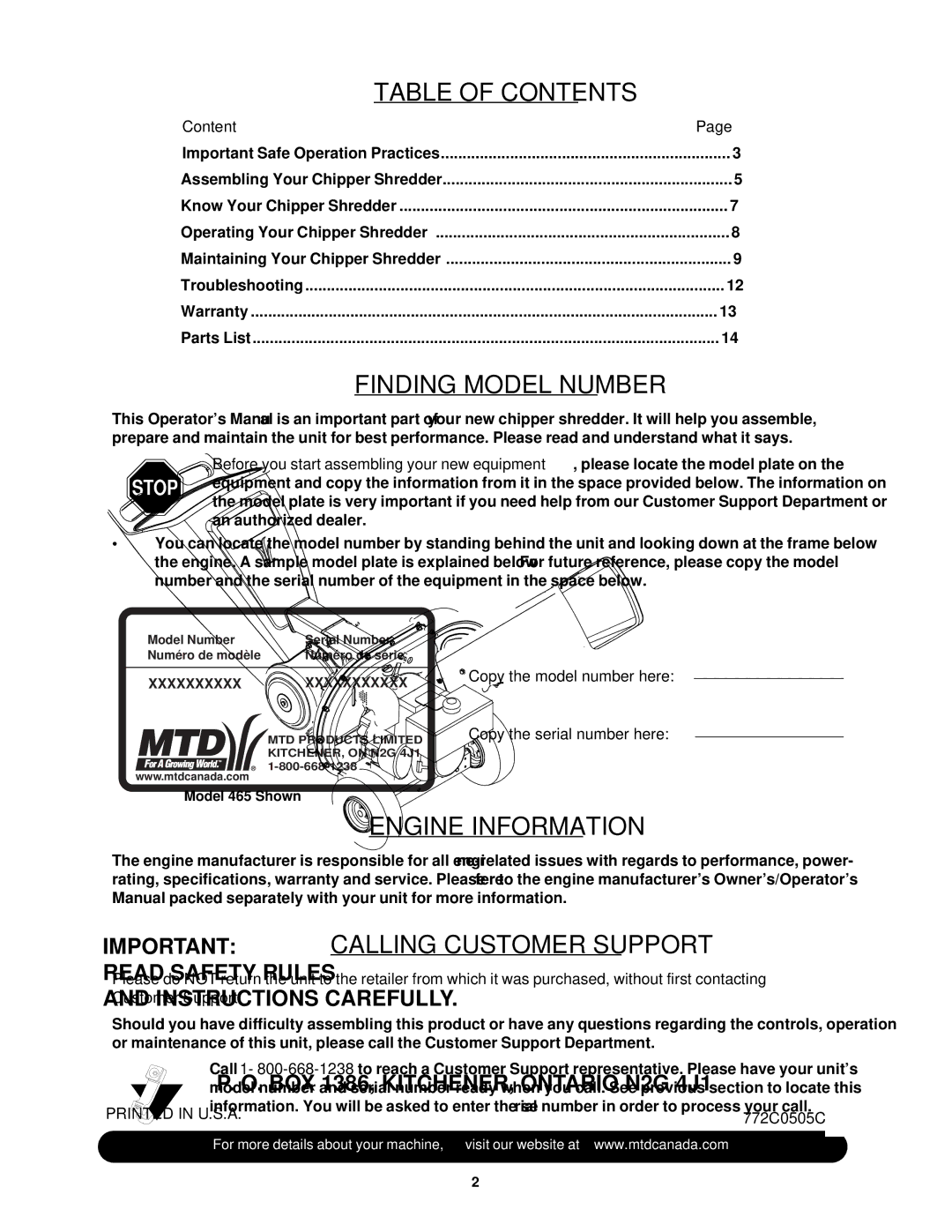 MTD 465 manual Table of Contents, Finding Model Number, Engine Information, Calling Customer Support 