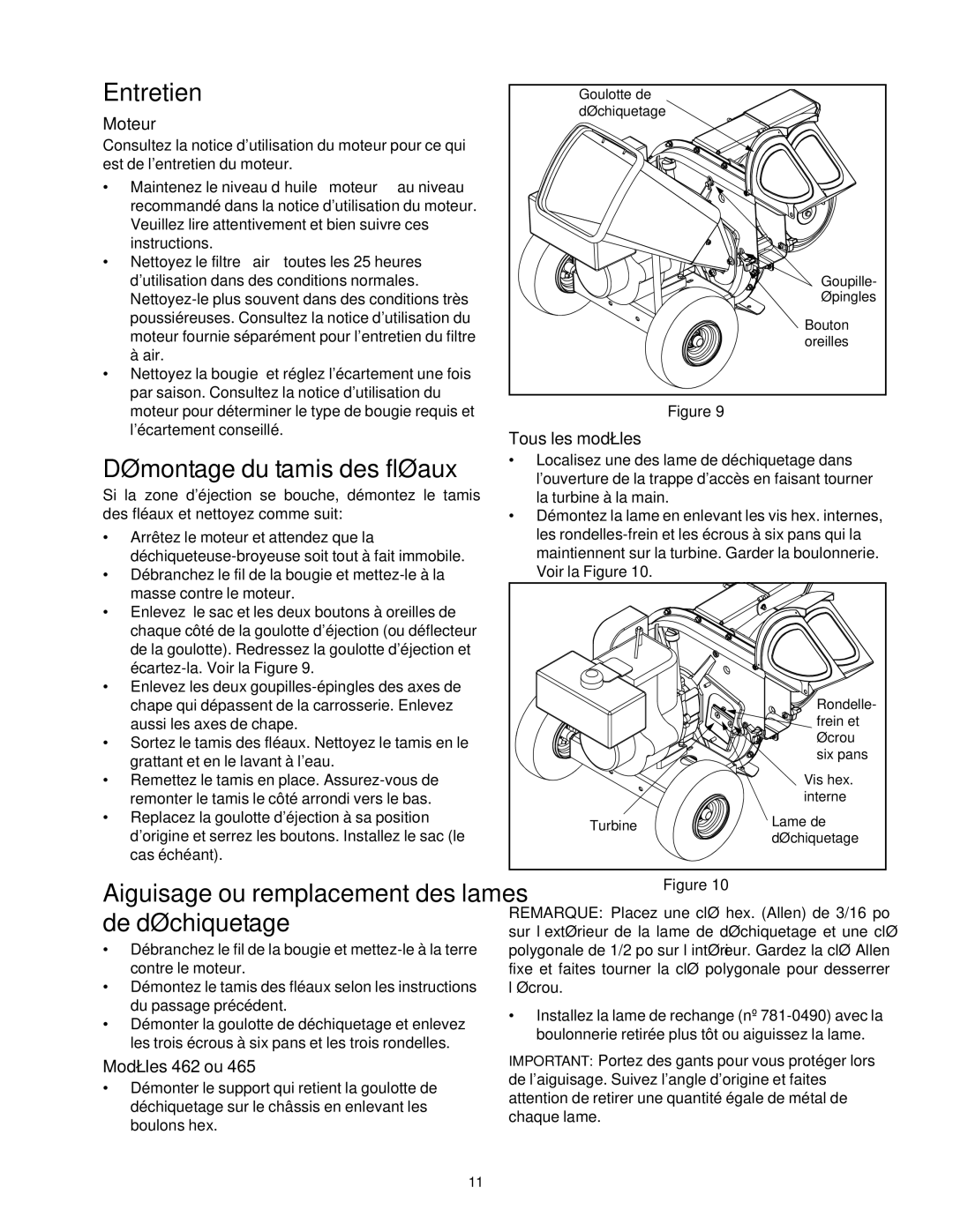 MTD 465 manual Lames des remplacement ou Aiguisage, Entretien, Niveau au moteur à d’huile niveau le Maintenez 