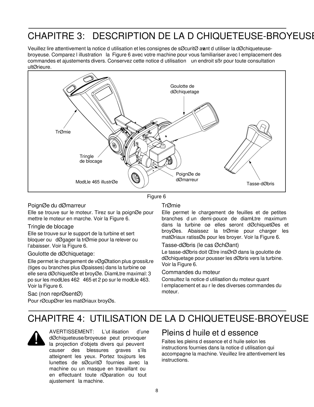 MTD 465 manual BROYEUSE-DÉCHIQUETEUSE LA DE Utilisation 4 Chapitre, ’essence et d’huile Pleins 