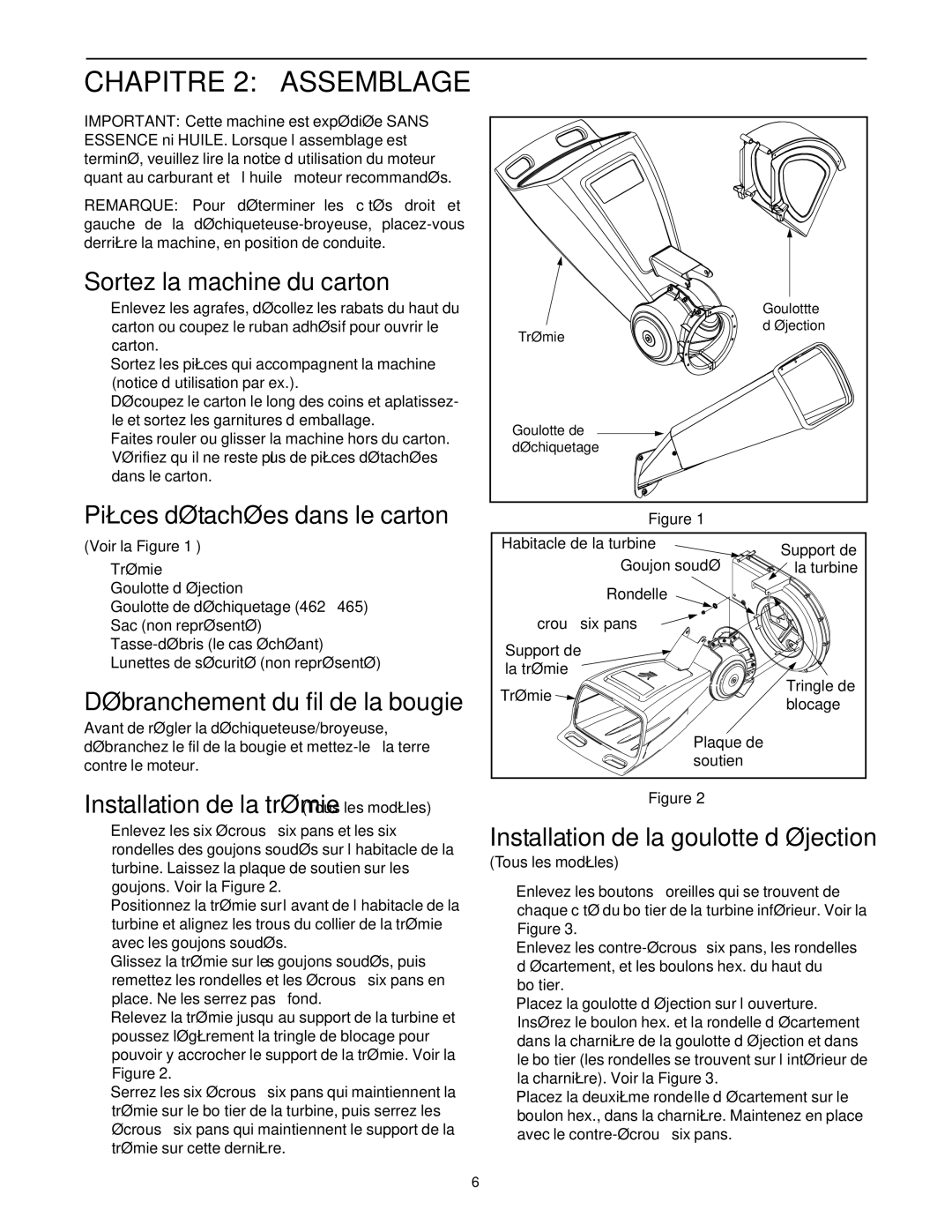 MTD 465 manual ’éjection goulotte la de Installation, Trémie la de Installation, Bougie la de fil du Débranchement 