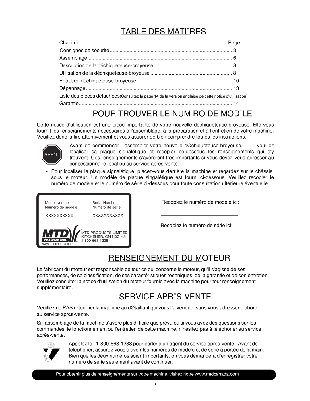 MTD 465 manual VENTE-APRÈS Service, Moteur DU Renseignement, Matières DES Table, Chapitre 