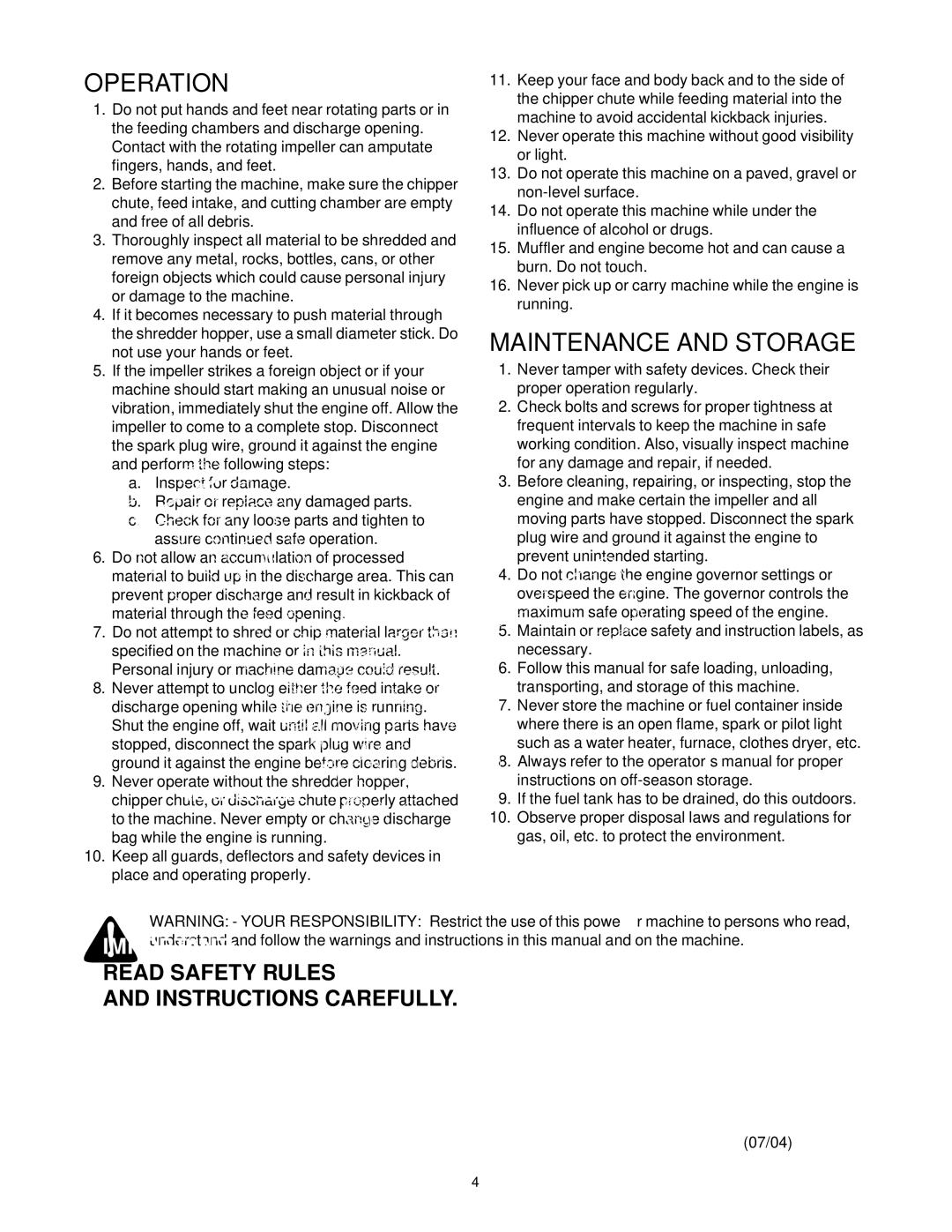 MTD 465 manual Operation, Maintenance and Storage 