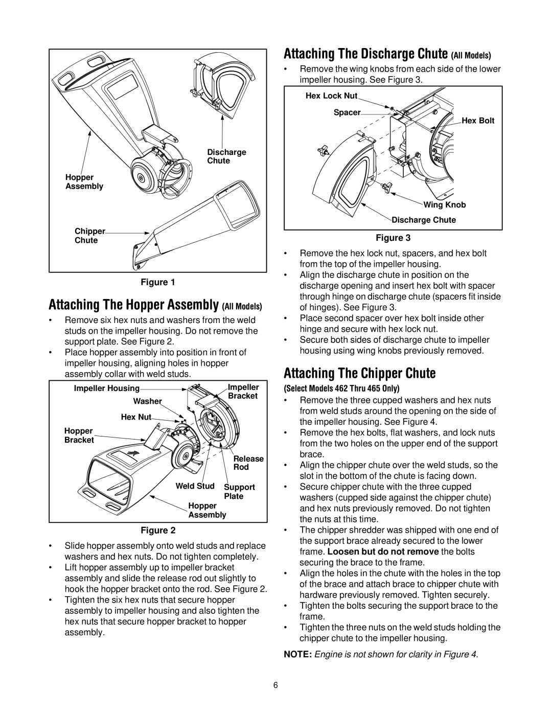 MTD 465 Attaching The Discharge Chute All Models, Attaching The Chipper Chute, Frame. Loosen but do not remove the bolts 