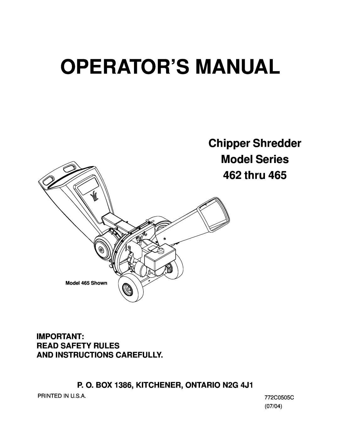MTD 465 manual Operator’S Manual, Read Safety Rules And Instructions Carefully, P. O. BOX 1386, KITCHENER, ONTARIO N2G 4J1 