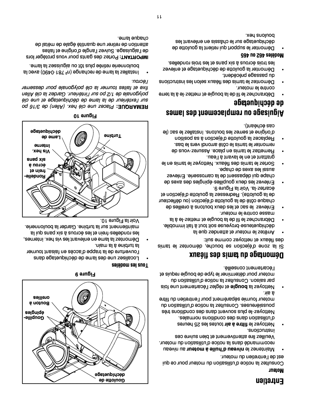 MTD 465 manual lames des remplacement ou Aiguisage, Entretien, déchiquetage de, fléaux des tamis du Démontage 