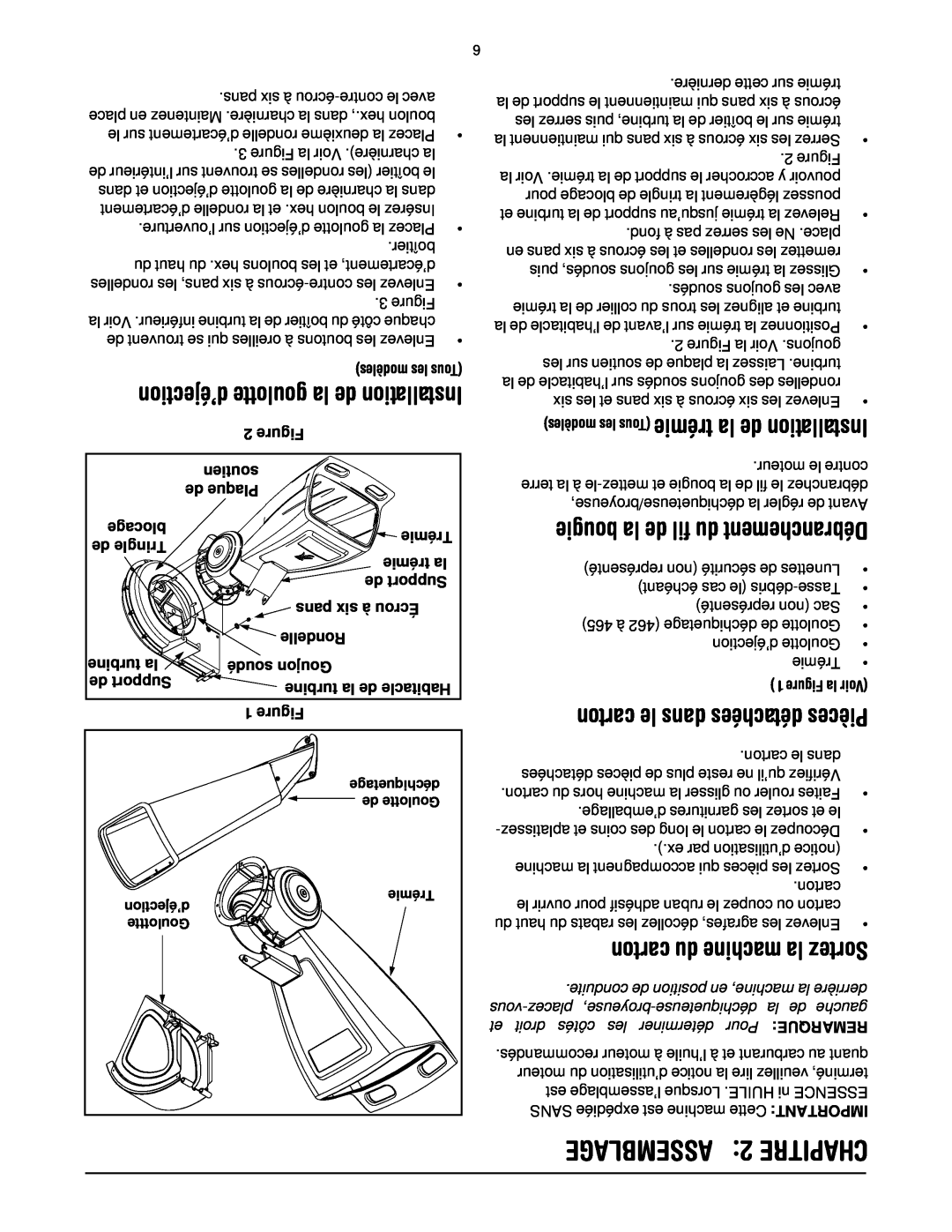 MTD 465 manual Assemblage, Chapitre, d’éjection goulotte la de Installation, trémie la de Installation 