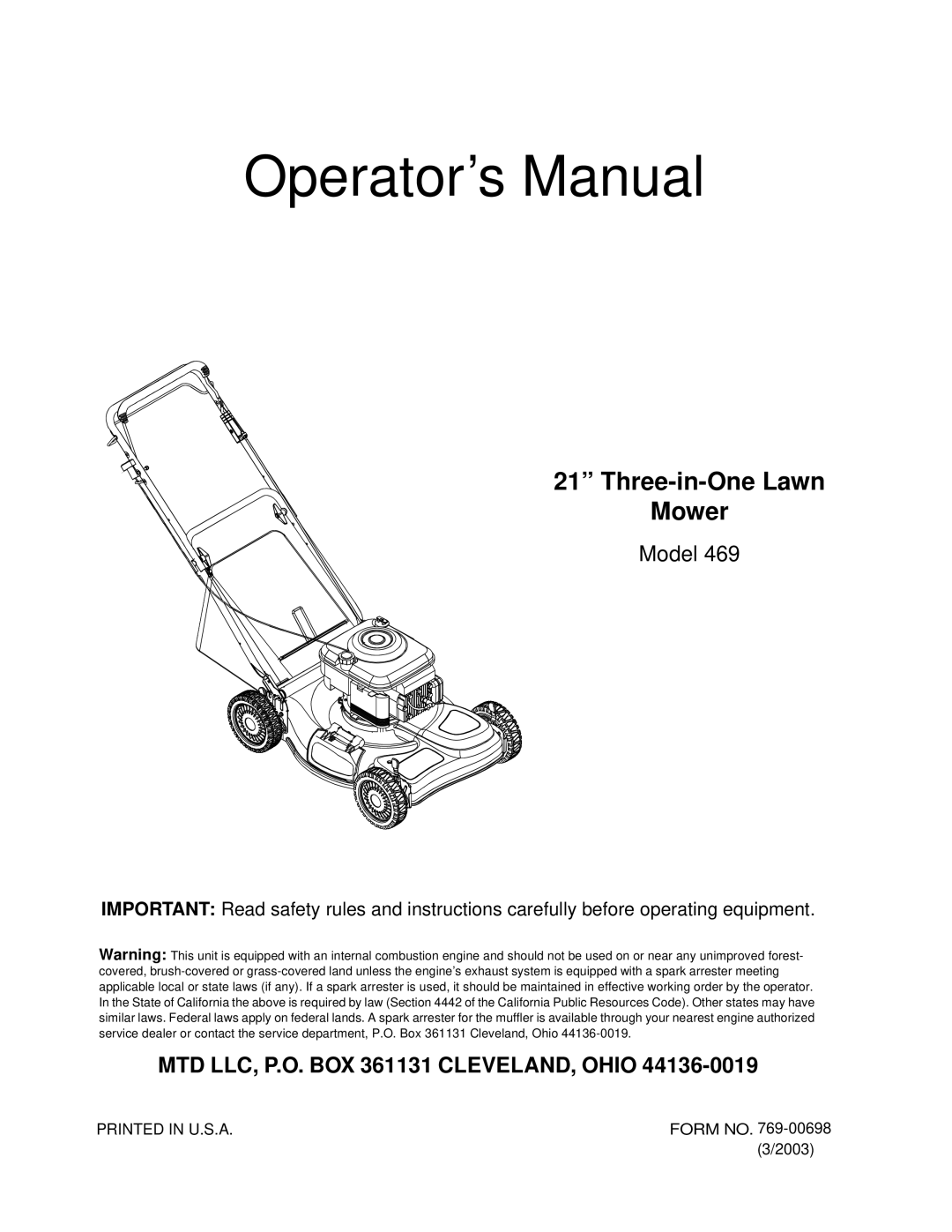 MTD 469 manual Operator’s Manual 