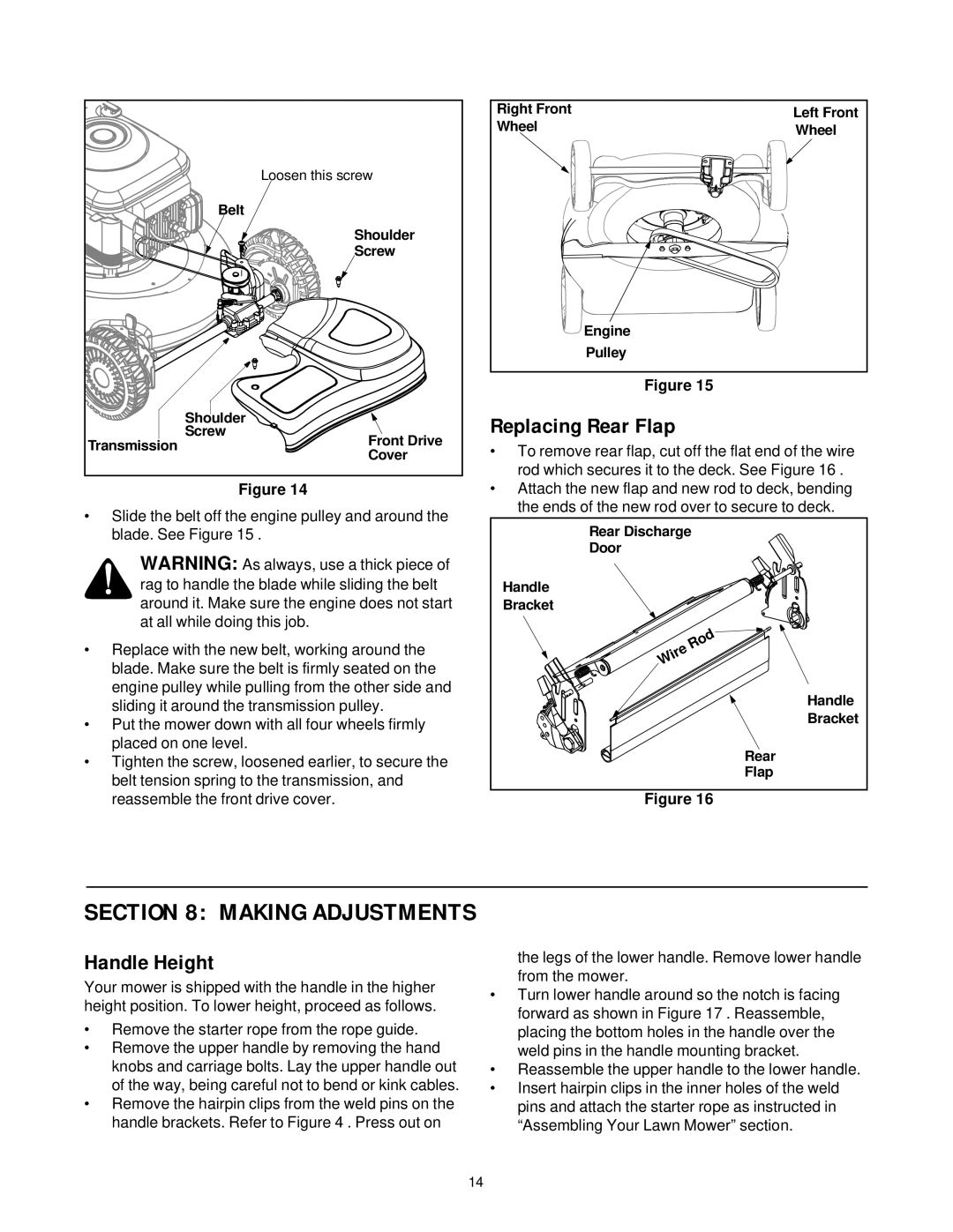 MTD 469 manual Making Adjustments, Replacing Rear Flap, Handle Height 