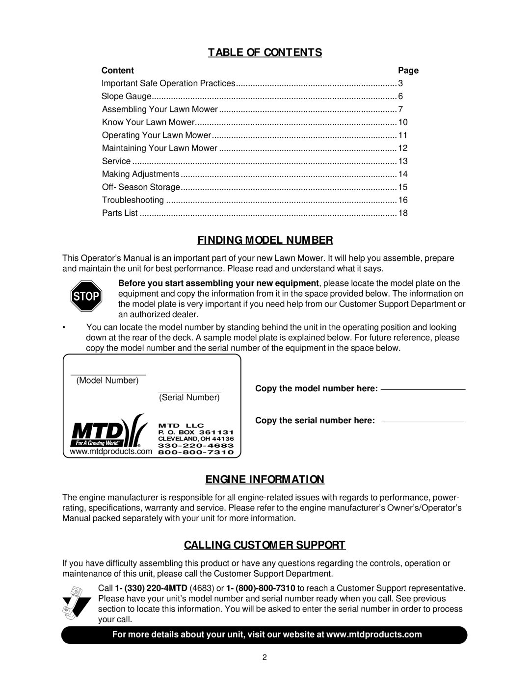 MTD 469 manual Table of Contents 