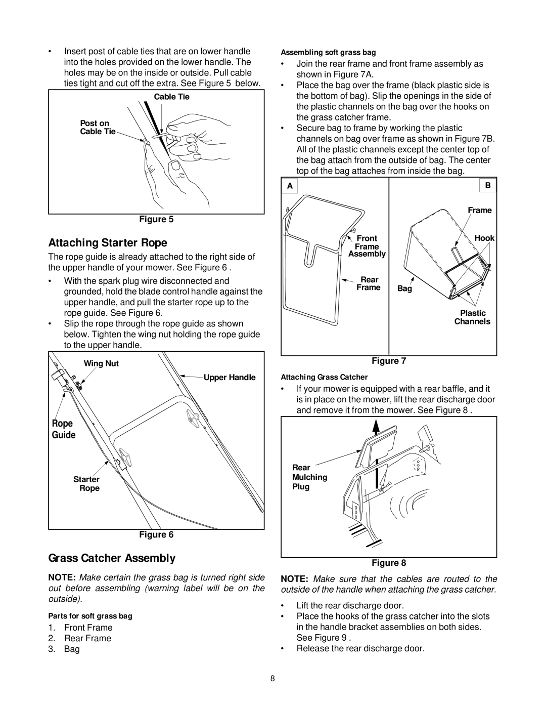 MTD 469 manual Attaching Starter Rope, Grass Catcher Assembly, Parts for soft grass bag, Assembling soft grass bag 