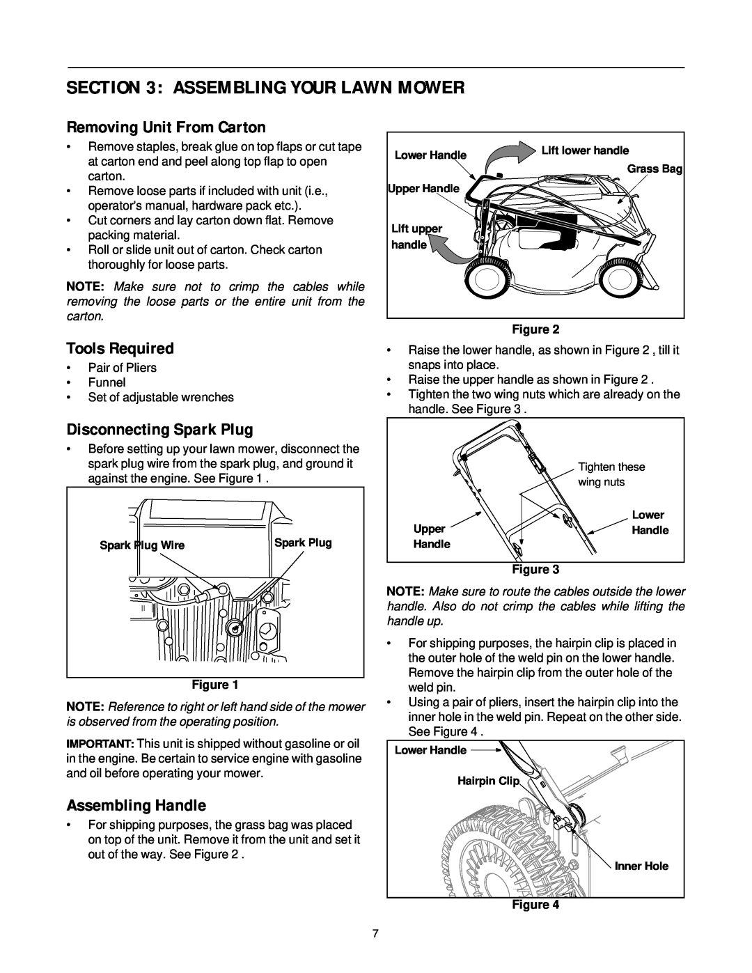 MTD 469 Assembling Your Lawn Mower, Removing Unit From Carton, Tools Required, Disconnecting Spark Plug, Assembling Handle 