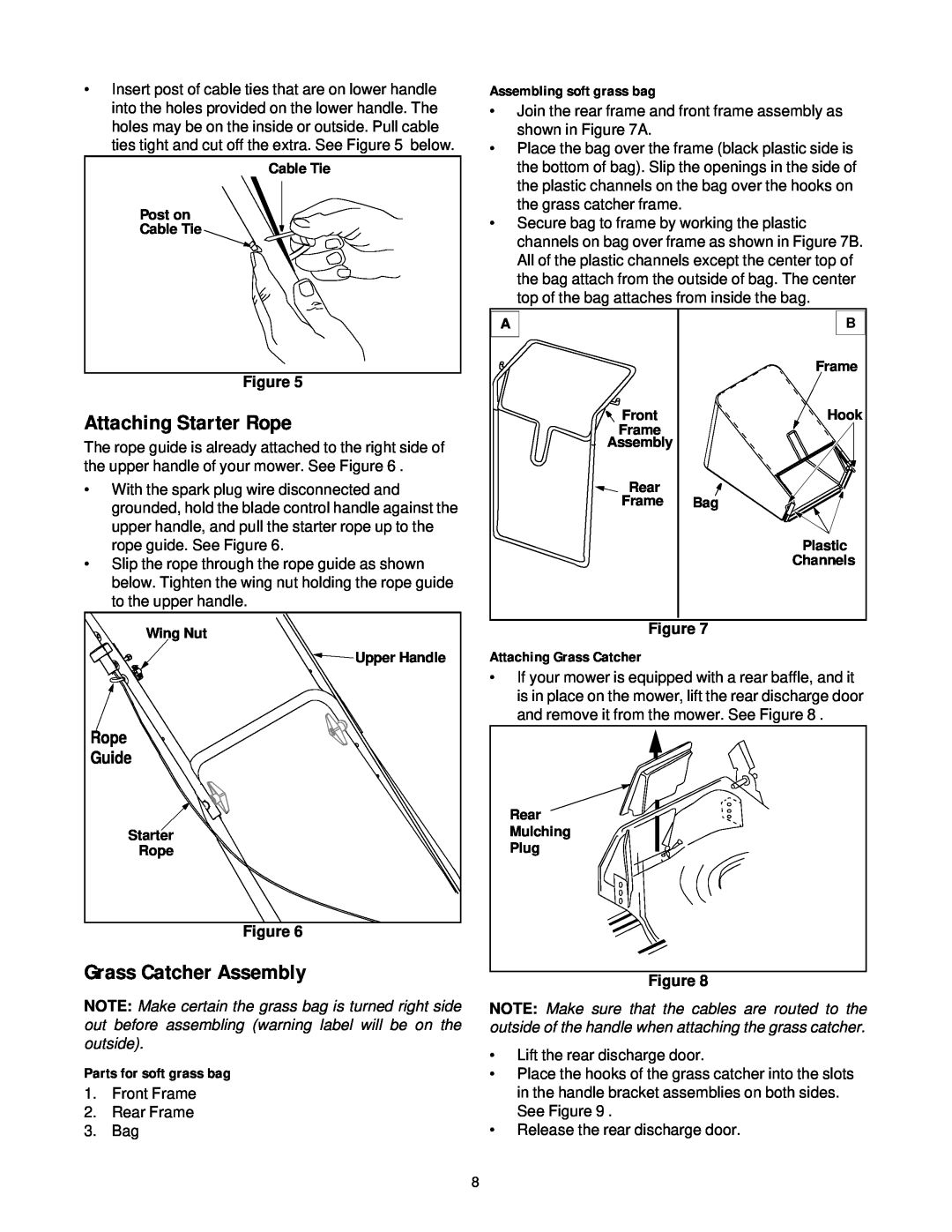 MTD 469 manual Attaching Starter Rope, Grass Catcher Assembly, Parts for soft grass bag, Assembling soft grass bag, Guide 