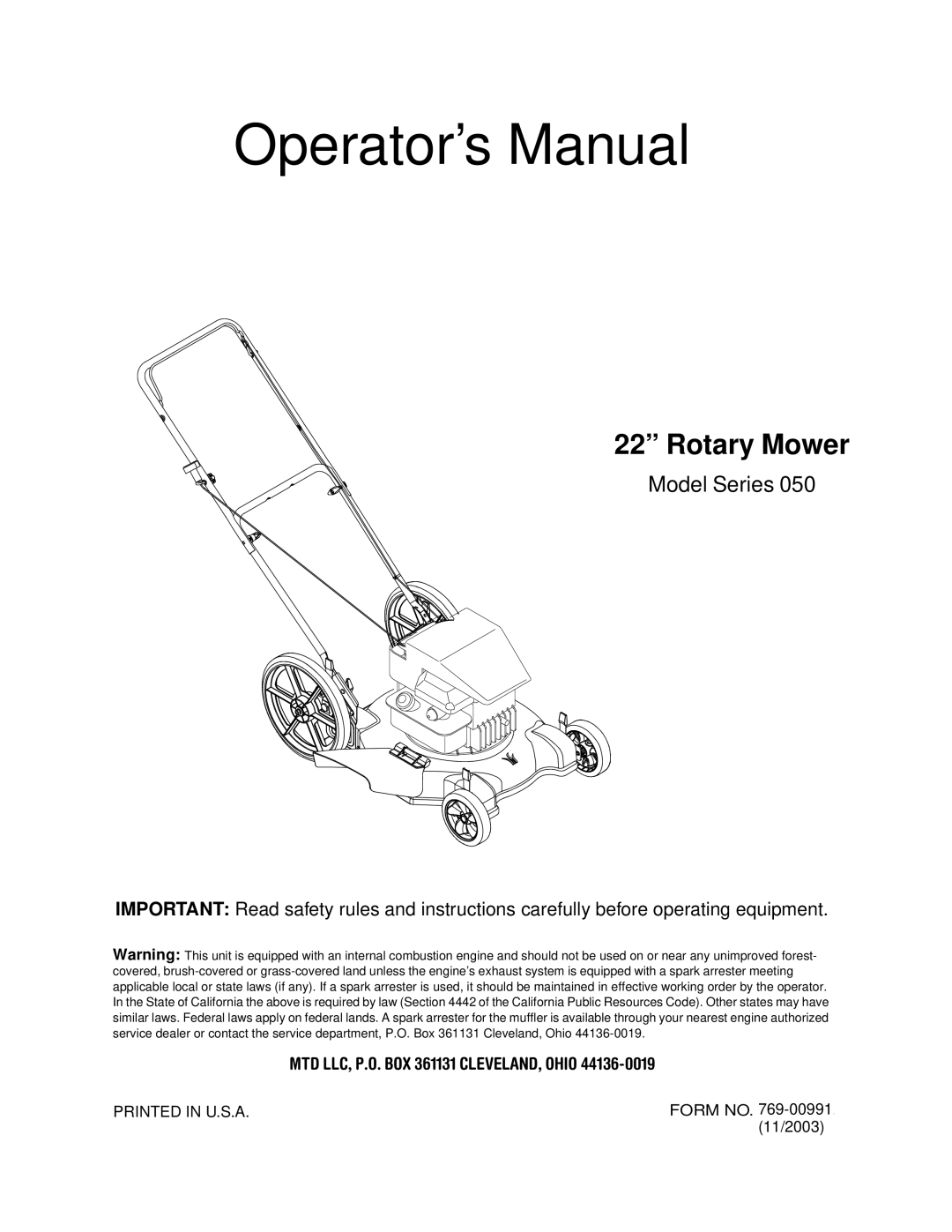 MTD 50 manual Operator’s Manual 