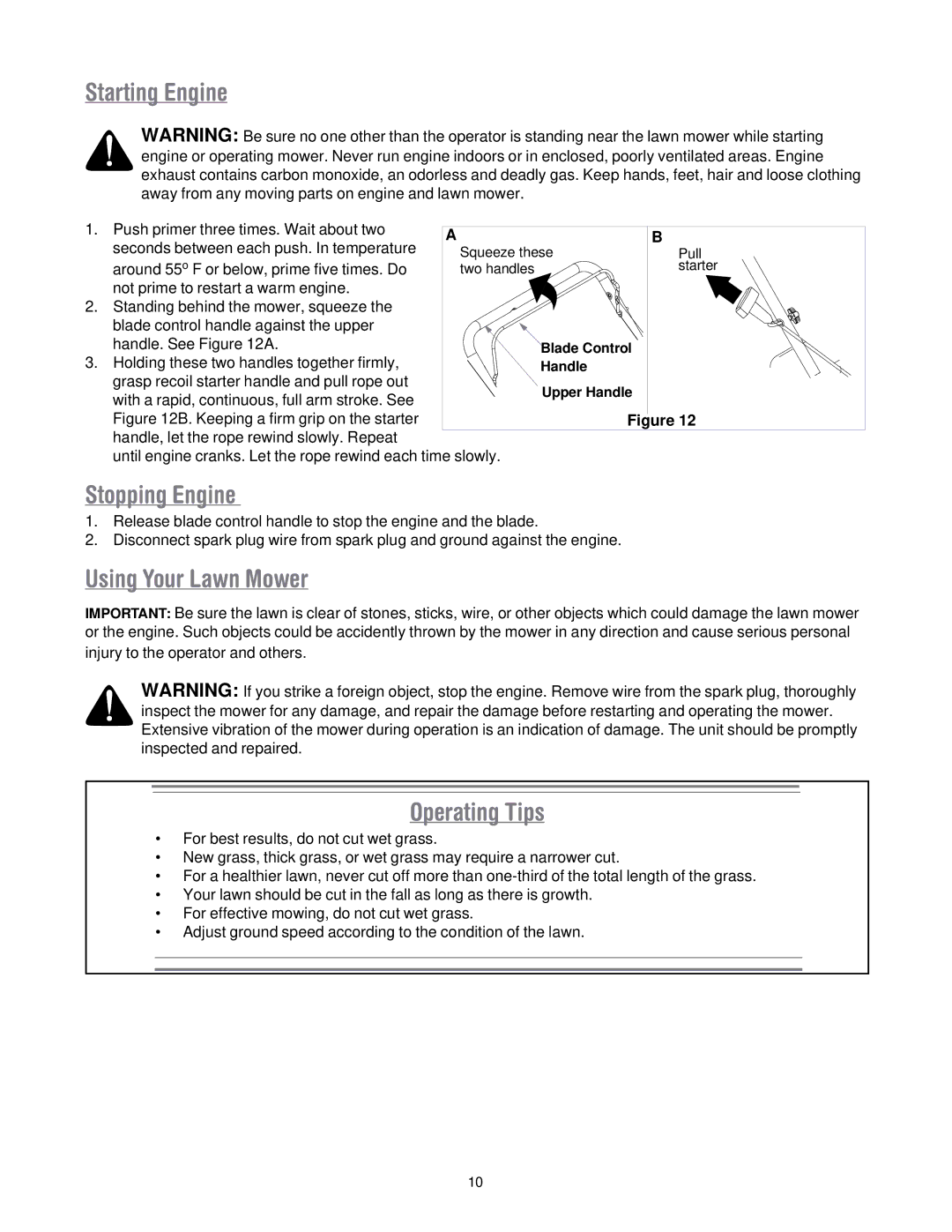 MTD 50 manual Starting Engine, Stopping Engine, Using Your Lawn Mower, Operating Tips 