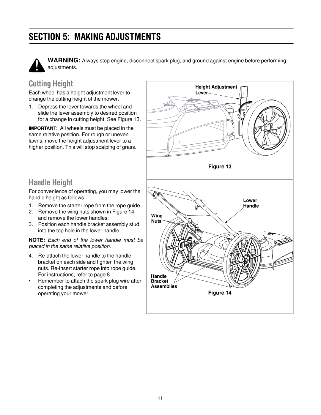 MTD 50 manual Making Adjustments, Cutting Height, Handle Height 