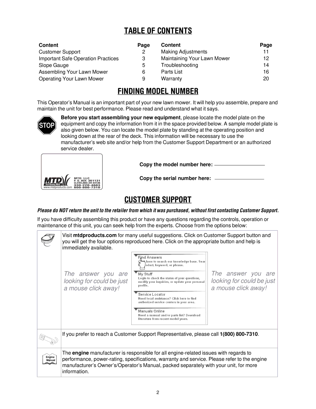 MTD 50 manual Table of Contents 