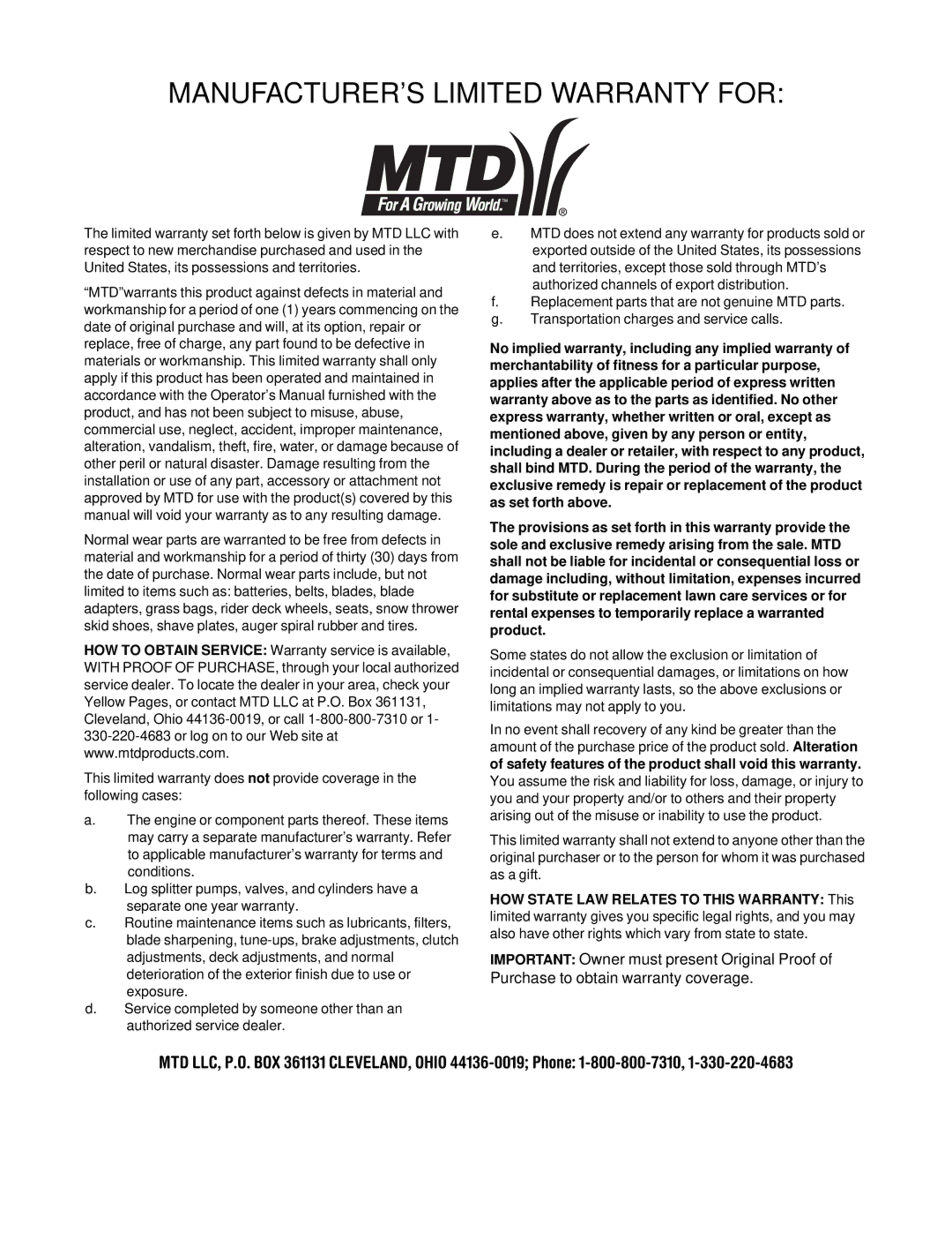 MTD 50 manual MANUFACTURER’S Limited Warranty for 