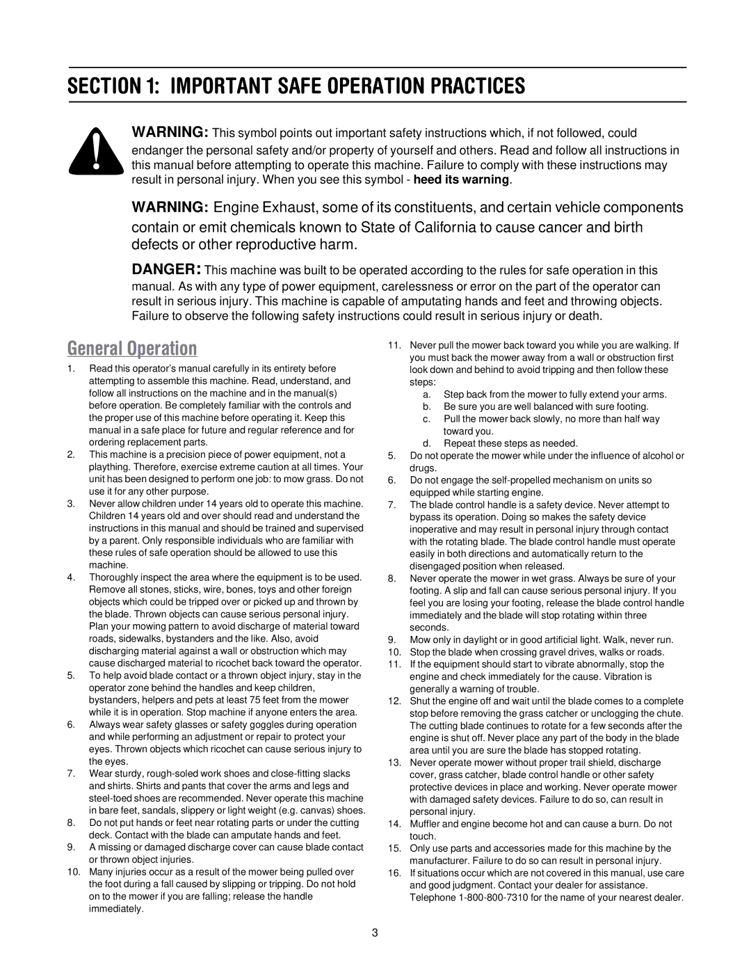 MTD 50 manual Important Safe Operation Practices, General Operation 