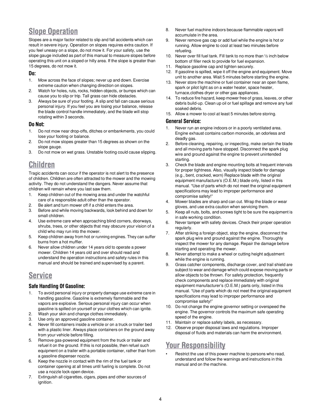 MTD 50 manual Slope Operation, Children, Service, Your Responsibility 