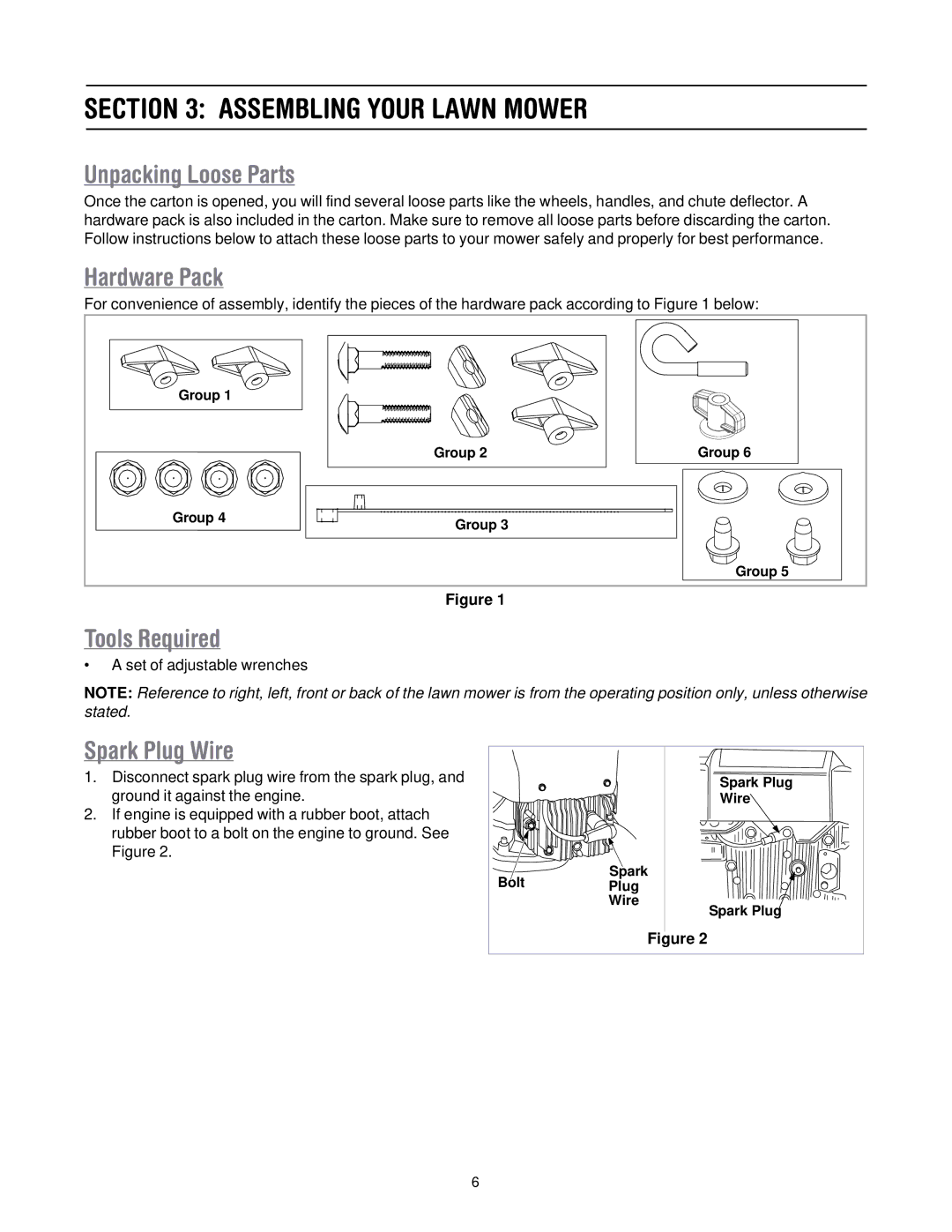 MTD 50 manual Assembling Your Lawn Mower, Unpacking Loose Parts, Hardware Pack, Tools Required, Spark Plug Wire 