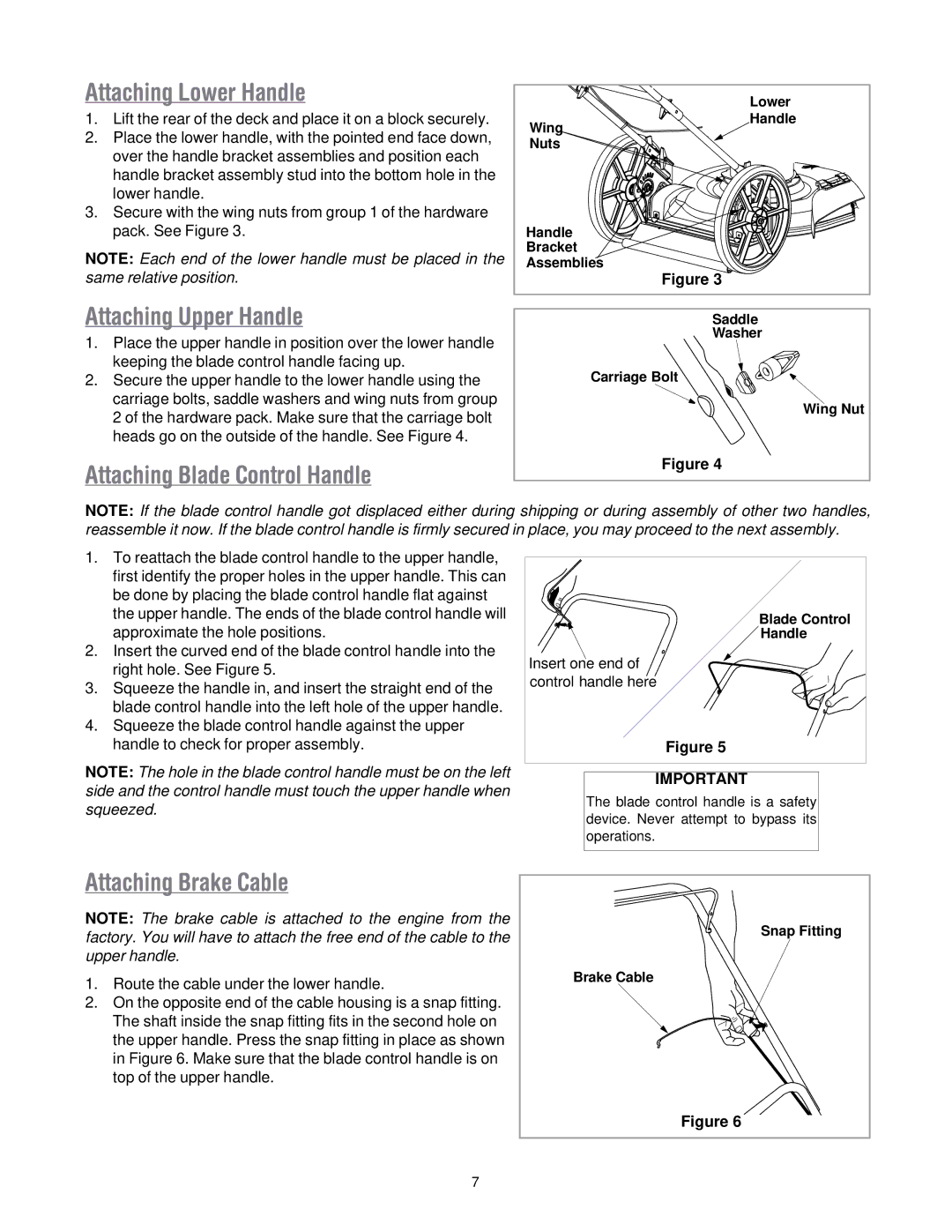 MTD 50 manual Attaching Lower Handle, Attaching Upper Handle, Attaching Blade Control Handle, Attaching Brake Cable 