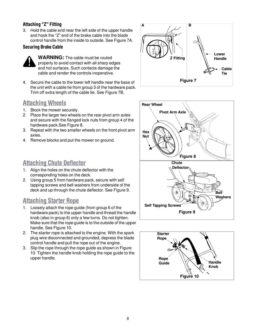 MTD 50 manual Attaching Wheels, Attaching Chute Deflector, Attaching Starter Rope 