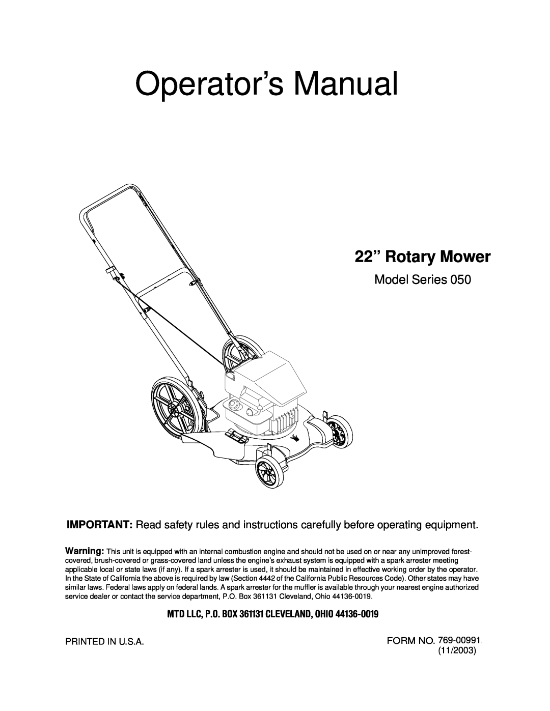 MTD 50 manual MTD LLC, P.O. BOX 361131 CLEVELAND, OHIO, Operator’s Manual, 22” Rotary Mower, Model Series 