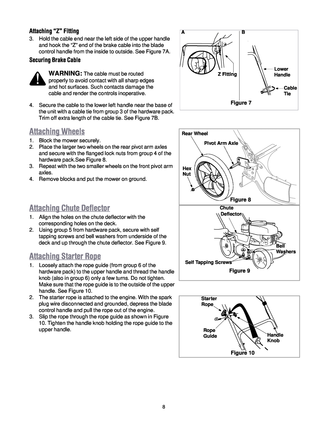 MTD 50 Attaching Wheels, Attaching Chute Deflector, Attaching Starter Rope, Attaching “Z” Fitting, Securing Brake Cable 