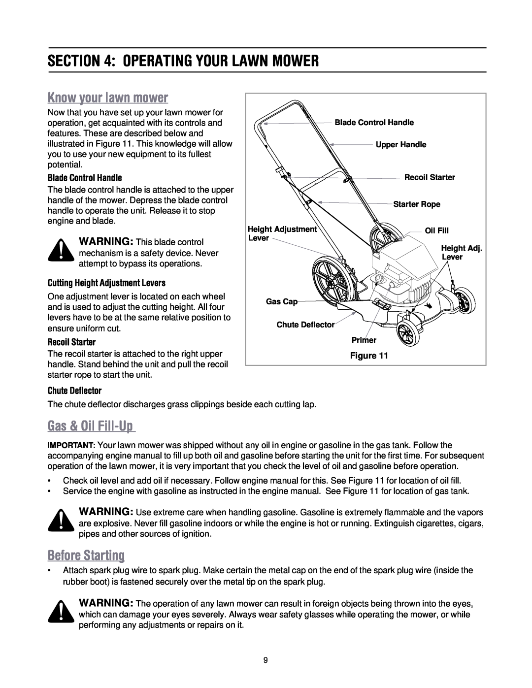 MTD 50 manual Operating Your Lawn Mower, Know your lawn mower, Gas & Oil Fill-Up, Before Starting, Blade Control Handle 