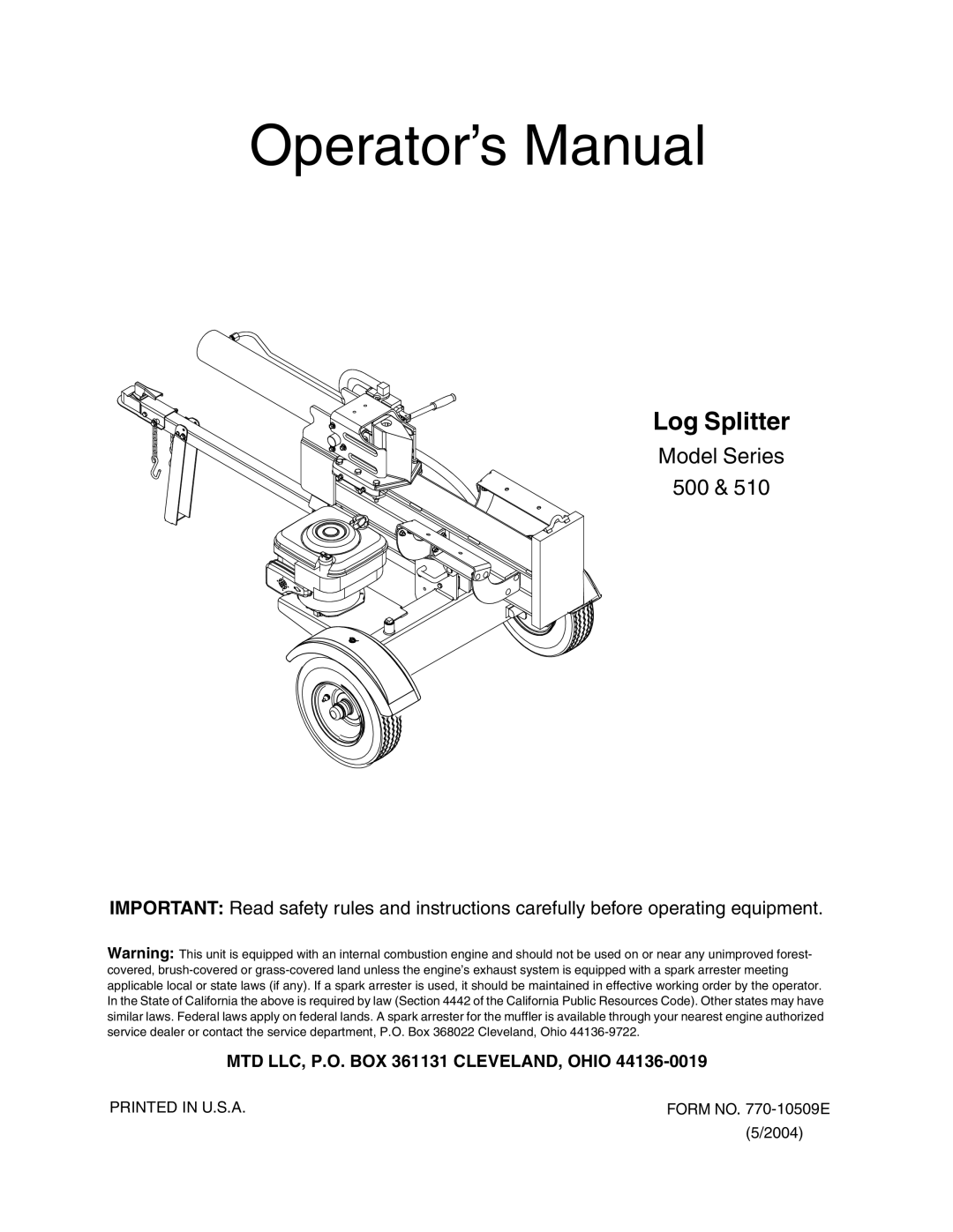 MTD 500, 510 manual Operator’s Manual 