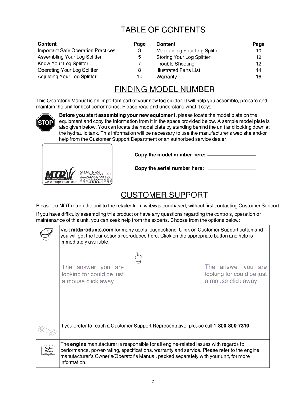 MTD 500, 510 manual Table of Contents 