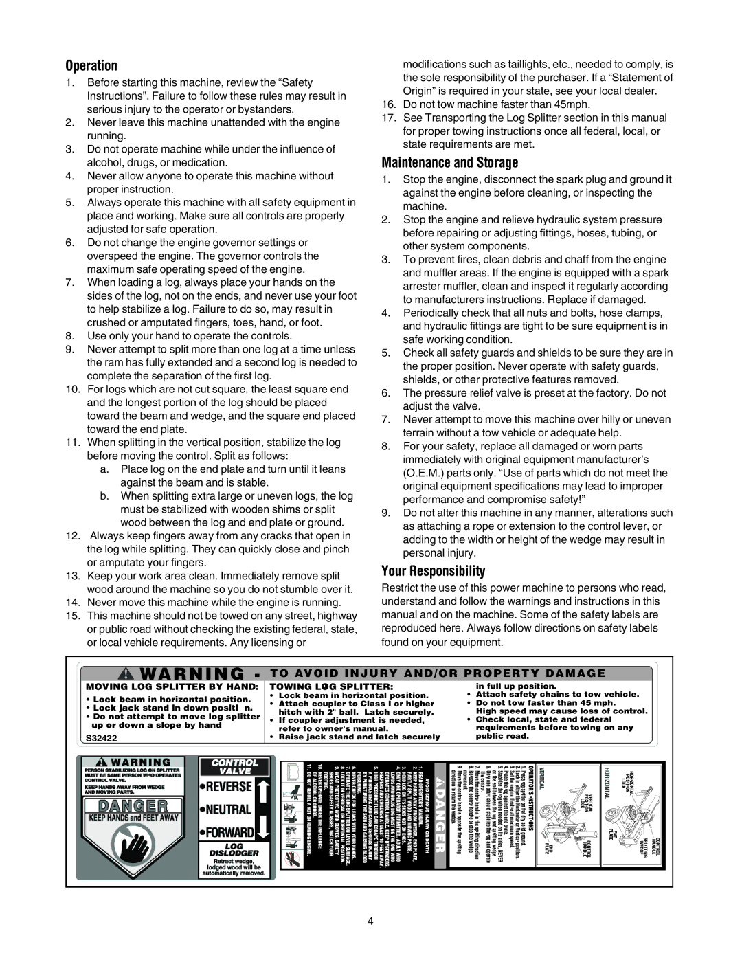 MTD 500, 510 manual Operation, Maintenance and Storage, Your Responsibility 