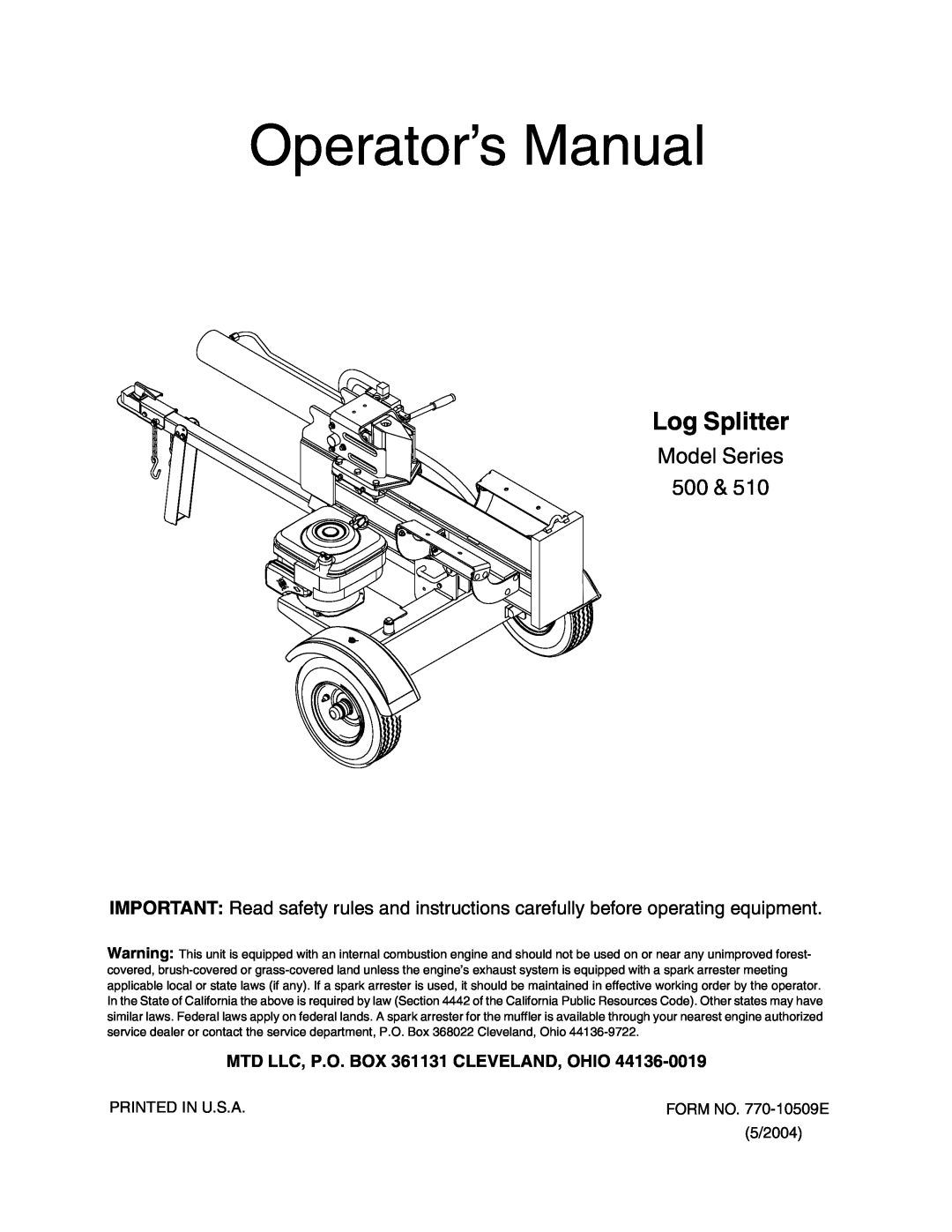 MTD 500, 510 manual Operator’s Manual, Log Splitter, Model Series 500, MTD LLC, P.O. BOX 361131 CLEVELAND, OHIO 
