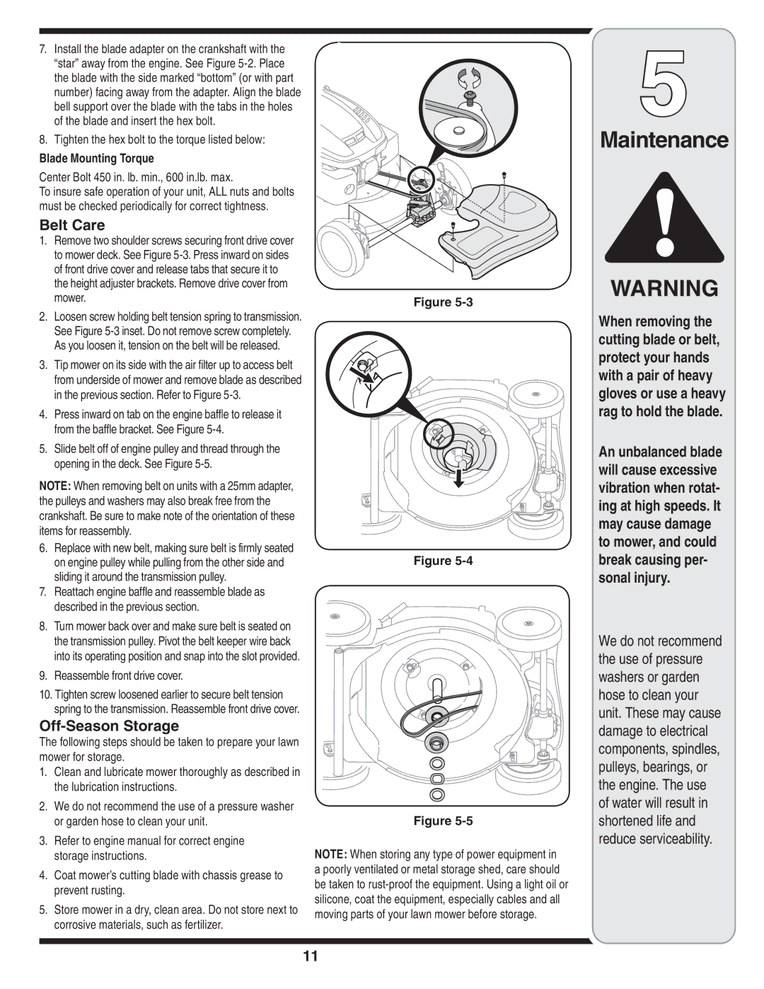 MTD 500 Series warranty Belt Care, Tighten the hex bolt to the torque listed below, Blade Mounting Torque 