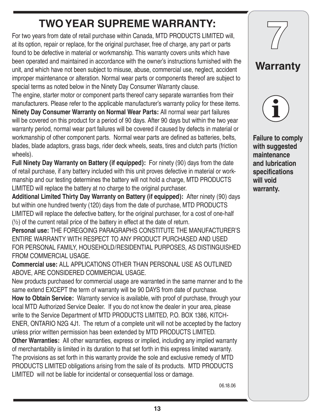 MTD 500 Series warranty Warranty, 06.18.06 