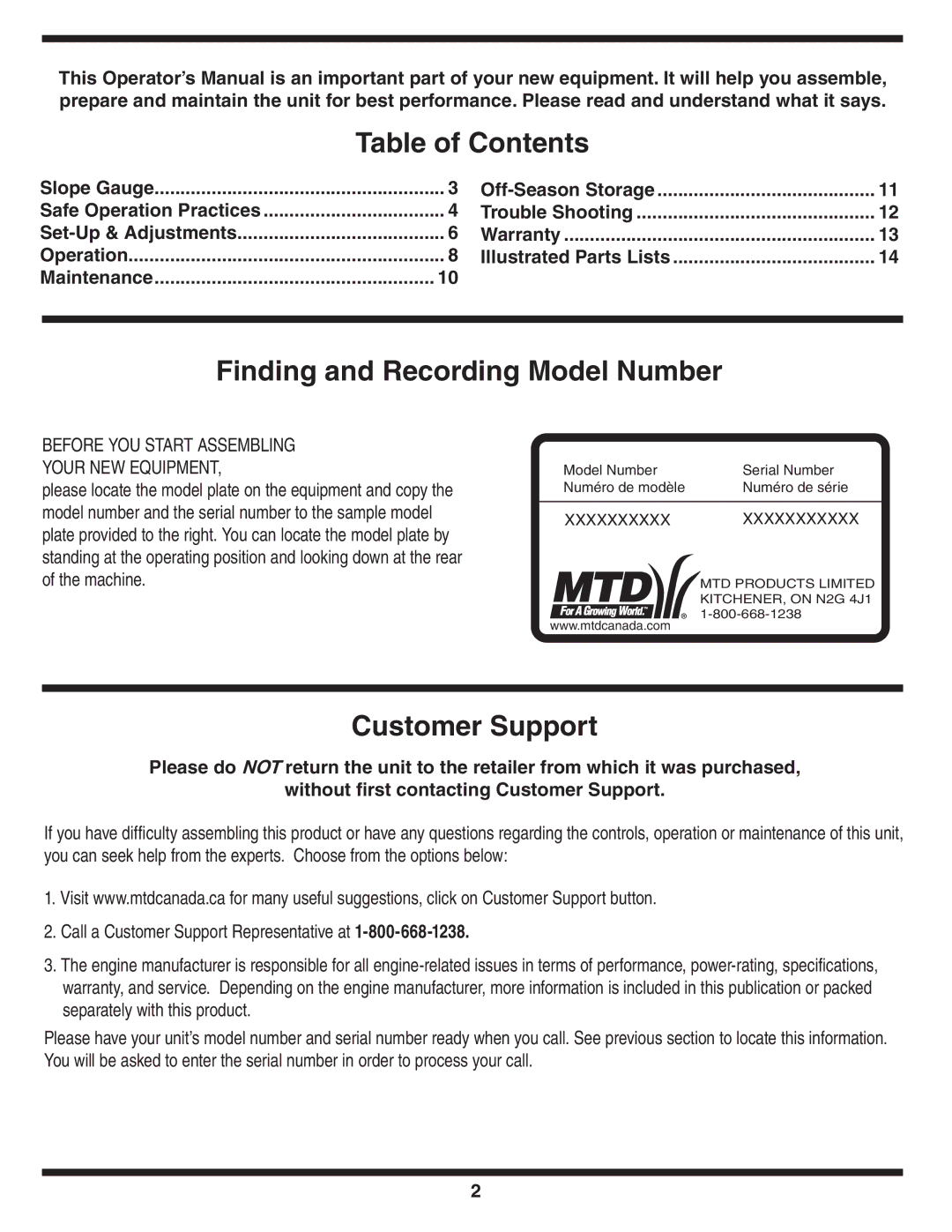 MTD 500 Series warranty Table of Contents, Finding and Recording Model Number, Customer Support 