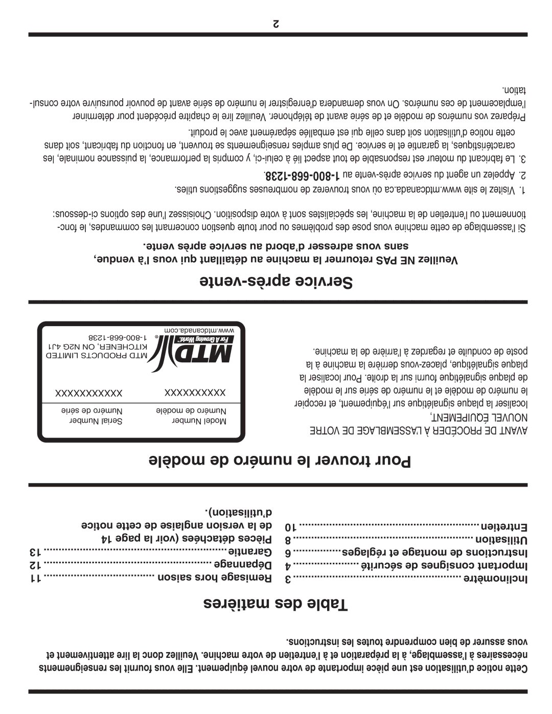 MTD 500 Series warranty Vente-après Service, Modèle de numéro le trouver Pour, Matières des Table, 1238-668-800-1 